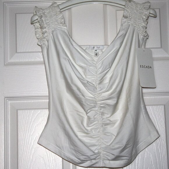 ESCADA White Stretch Cotton Blend Ruched Top On/Off Shoulder Italy Size EU 40 - Picture 10 of 10